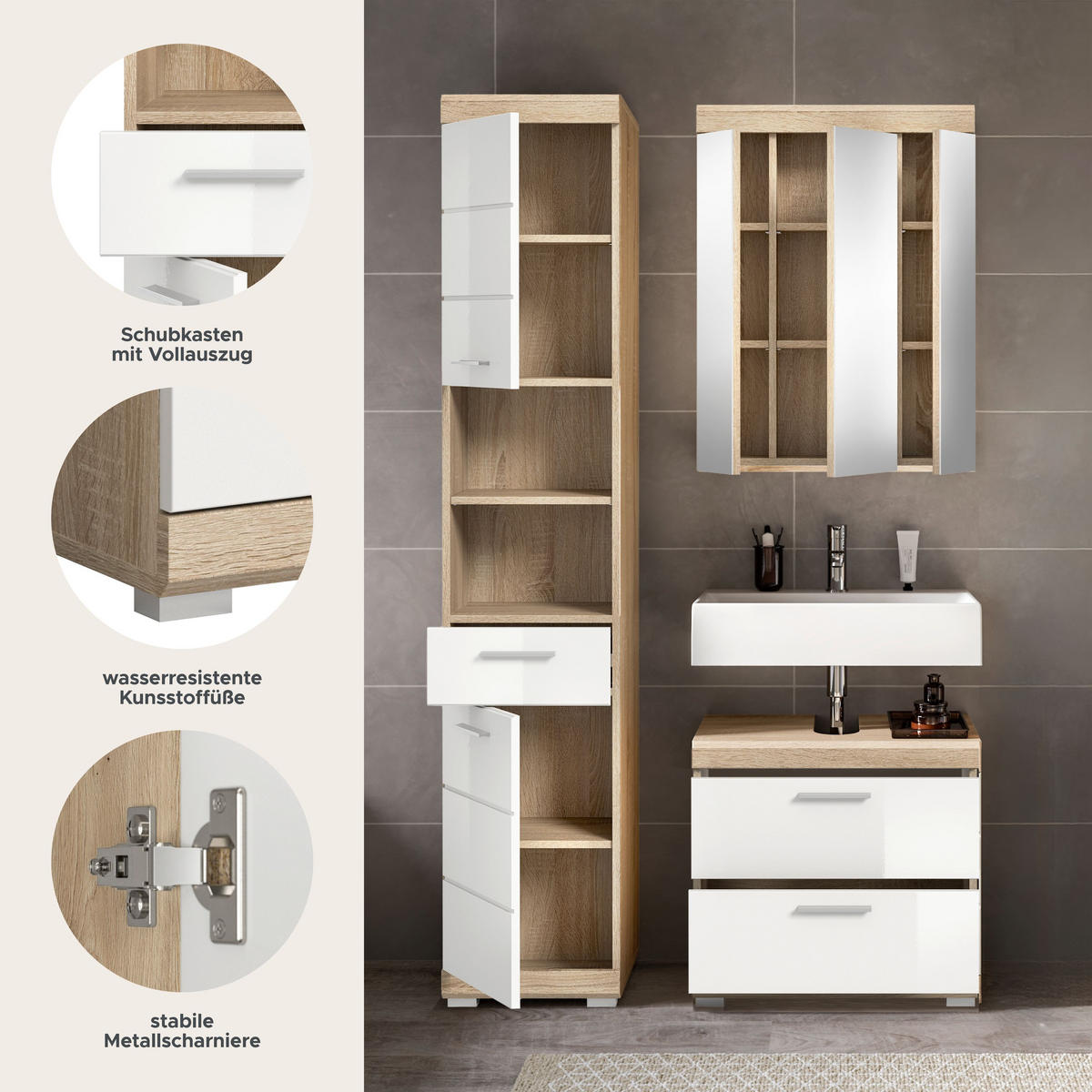 BADKOMBINATION 3tlg. Lambada Bad in Sonoma Eiche hell und weiß hochglanz B/H/T: 112x191x34 cm - Sonoma Eiche, Holz (112/191/37cm)