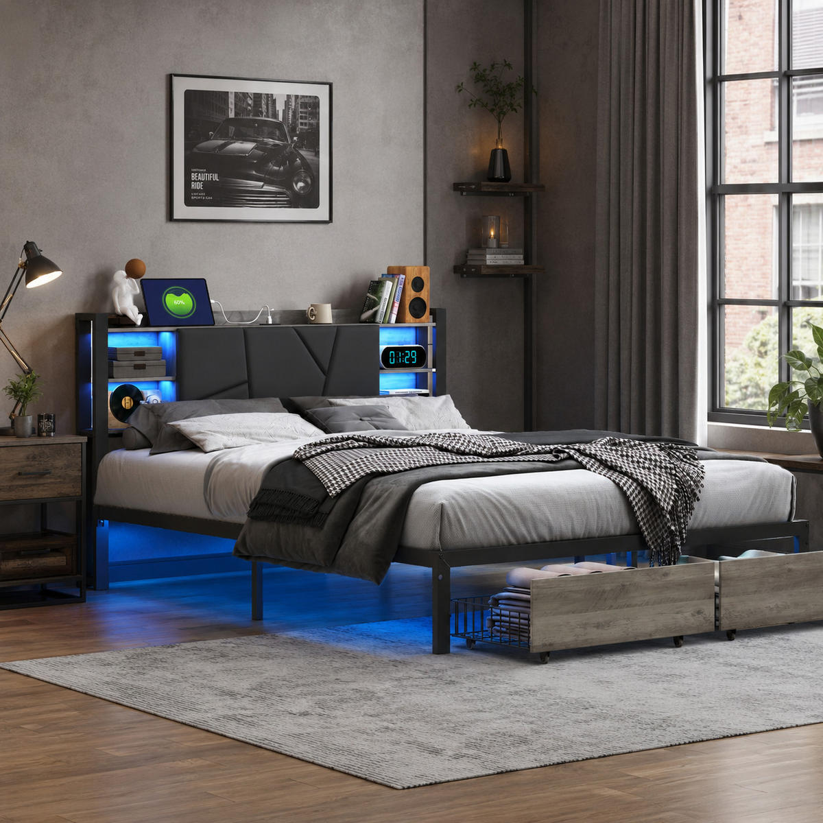 STAURAUMBETT 140/200 cm mit LED & USB-Kopfteil und Schubladen, modernes Metallbett - Schwarz, Holz/Metall (140/200cm) - Joyfair