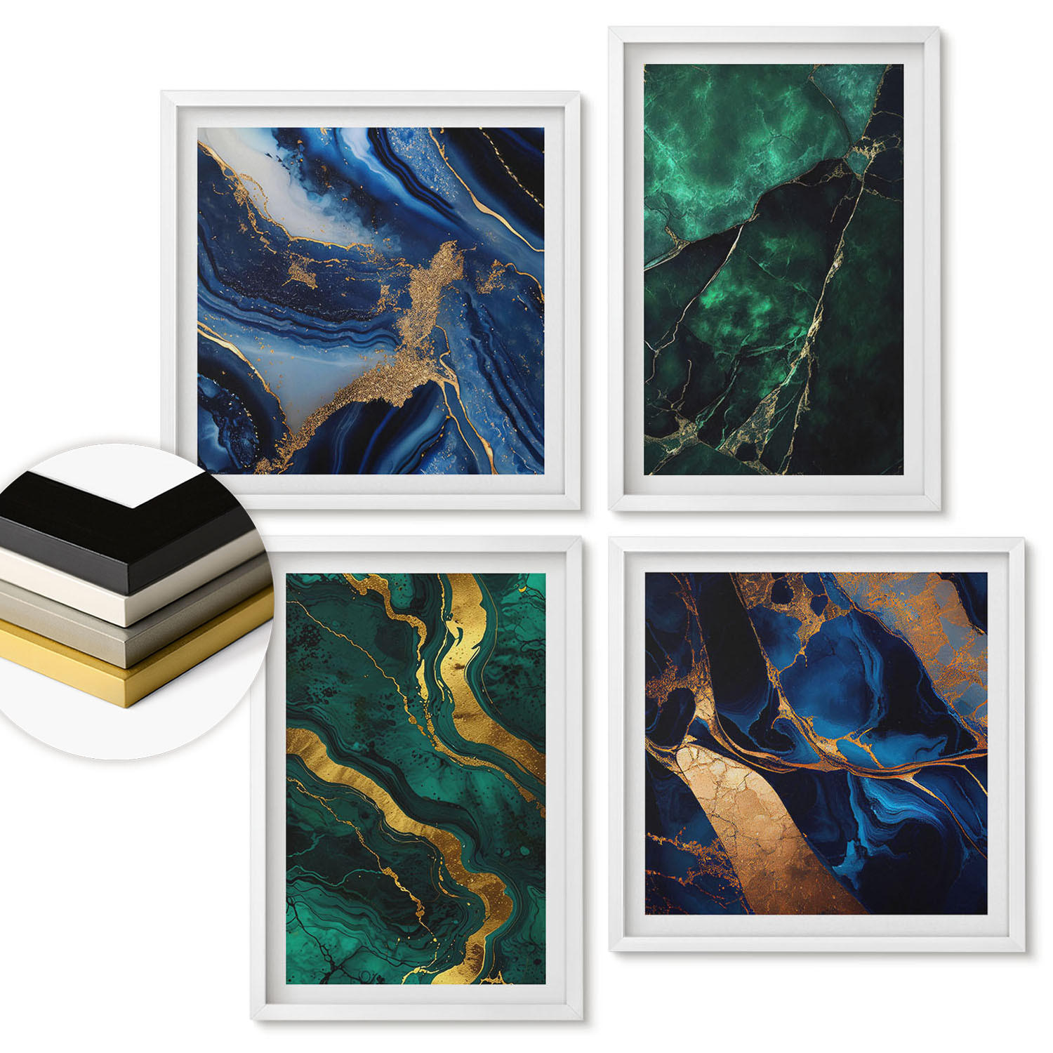 WANDBILDER 4er-Set - 50x50 cm & 40x60 cm Weißer Rahmen - Elegante Muster auf Steinen - Weiß, Kunststoff (50/50cm) - ArtPrintCave
