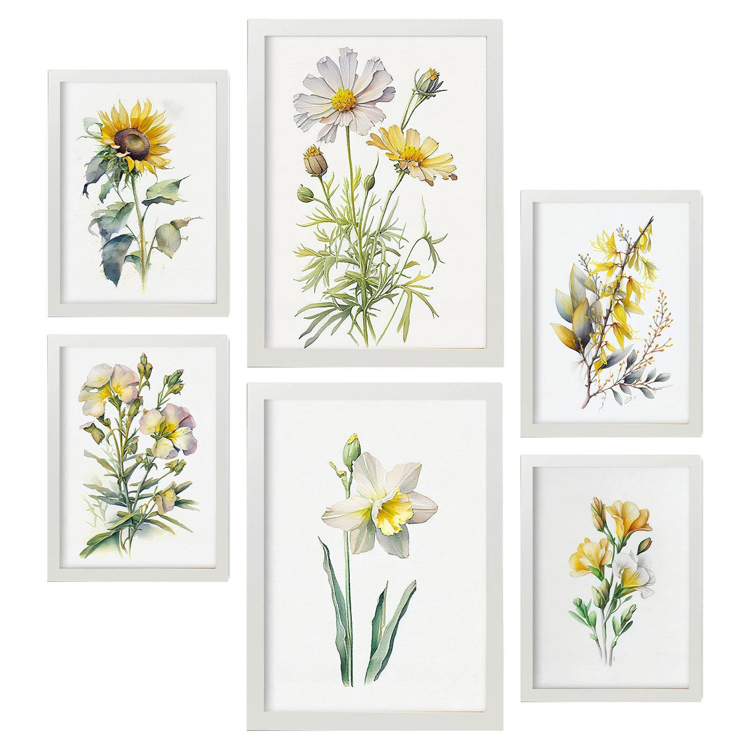 POSTER Set Mit 6 Gelbe Blumen Vollfarbige Natur Und Botanikdrucke Mit Blumenmotiven Auf Reinweißen Hintergründen A3 & A4 Weißer Rahmen - Weiß, Papier (29/3cm) - Nacnic