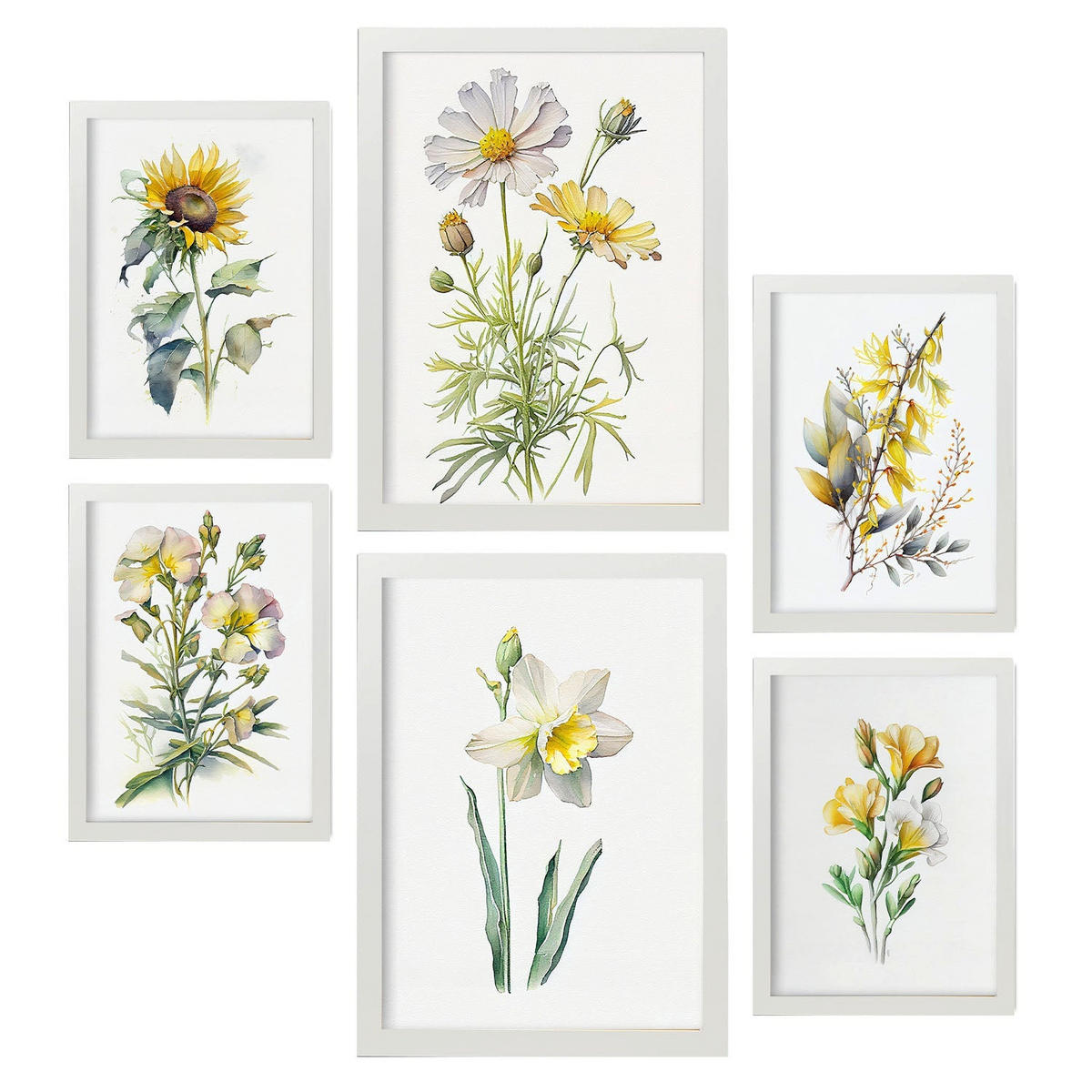 POSTER Set Mit 6 Gelbe Blumen Vollfarbige Natur Und Botanikdrucke Mit Blumenmotiven Auf Reinweißen Hintergründen A3 & A4 Weißer Rahmen - Weiß, Papier (29/3cm) - Nacnic