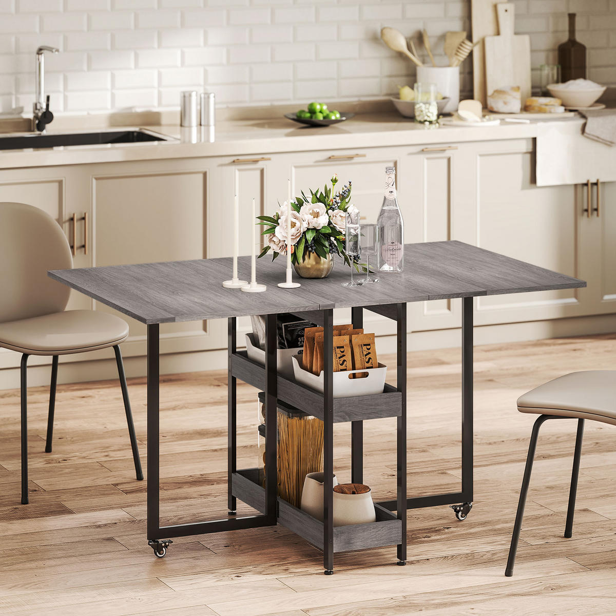 ESSTISCH Klappbar Küchentisch für 2-4 Personen mit 2 Offenen Ablagen, Rollen - Grau, Holz (133.4/80/75cm) - HOMCOM