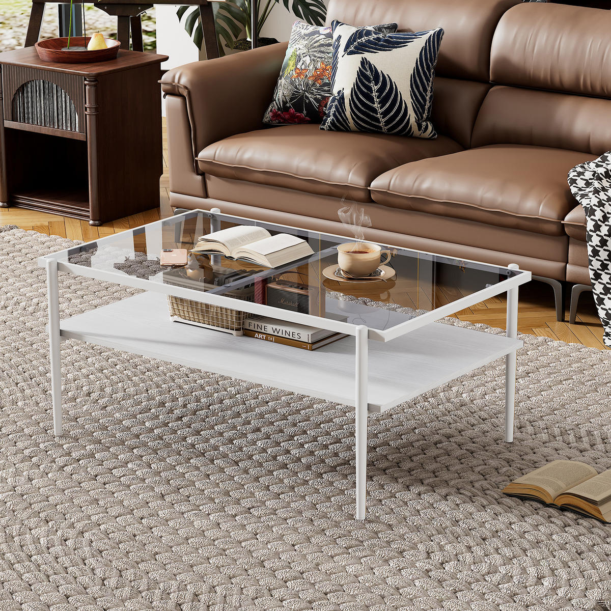 COUCHTISCH aus MDF und Glas in 97.5x61.5x45 cm Weiß mit Stauraum - Weiß, Glas (97.5/61.5/45cm) - Modfu
