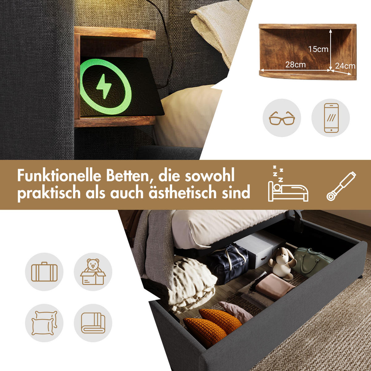 POLSTERBETT 160/200 cm aus Leinen mit Leselampe, USB- und Type-C-Anschluss sowie hydraulischem Stauraum, und Matratze,Grau - Grau, Textil (160/200cm) - Redom