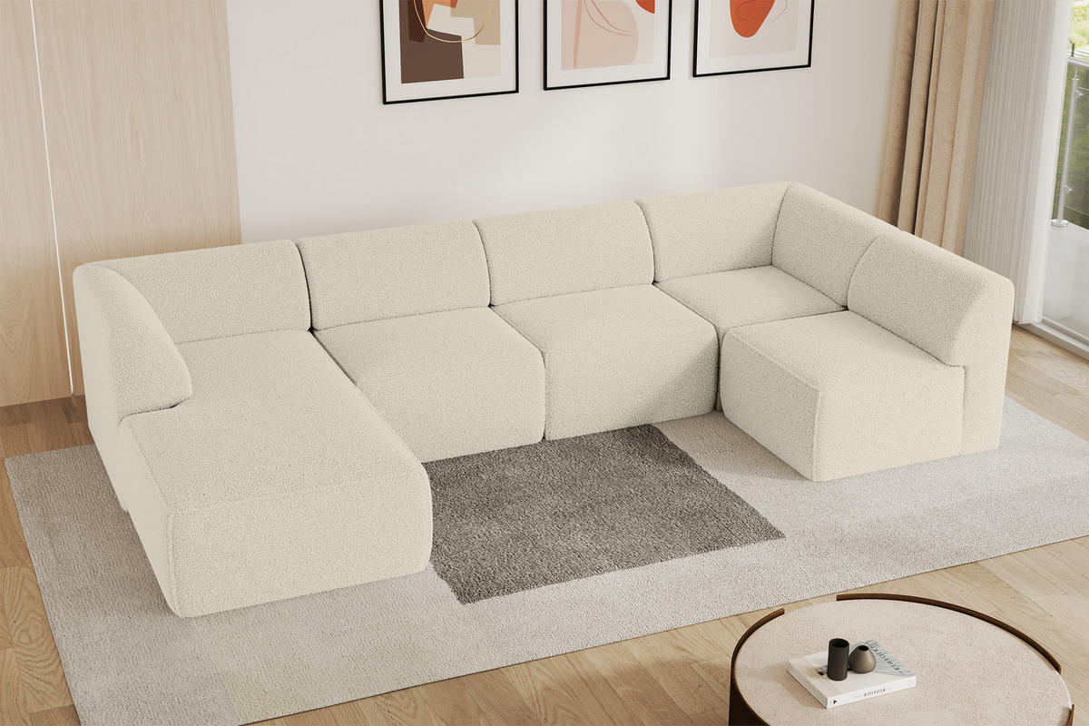 WOHNLANDSCHAFT Ottomane Links MOVO-L 345x180x78 cm Beige Bouclé - Hellbraun, Holzwerkstoff/Kunststoff (345/78/180cm) - ALTDECOR