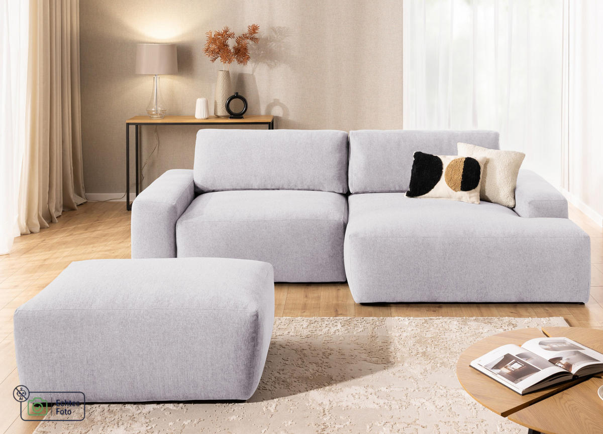 ECKSOFA inkl. Hocker Lennon aus Greige Strukturstoff mit Schlaffunktion und Bettkasten - Greige/Schwarz, Holz/Kunststoff (264/137cm) - S-Style