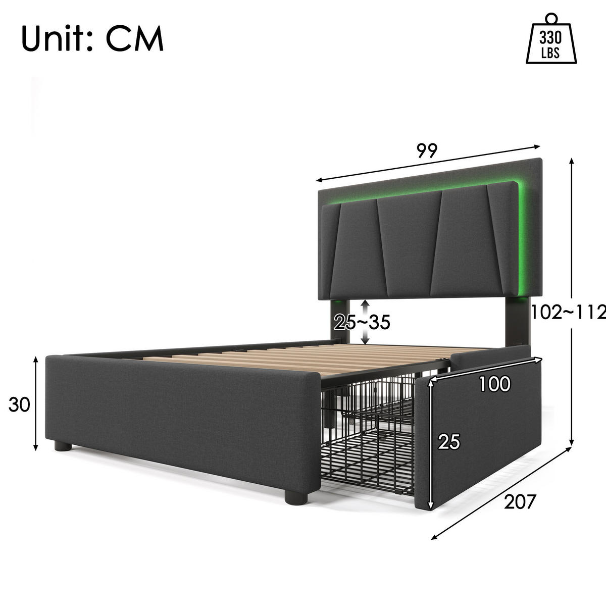TAPECIRANI krevet od drva 90x200 cm sivi s LED rasvjetom, 2 ladice, podesivim uzglavljem i madracem - siva, drvo (90/200cm) - Modfu