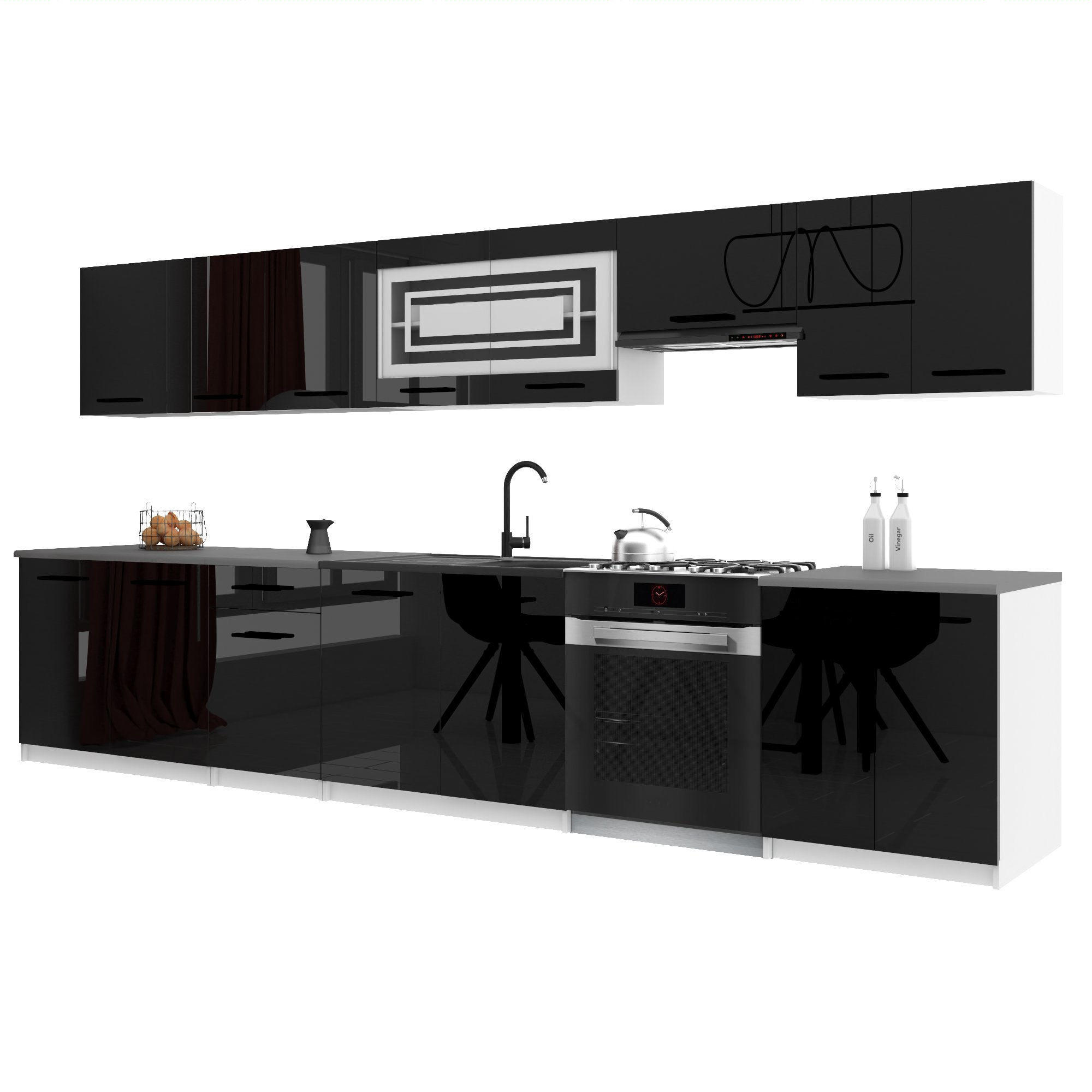KÜCHENZEILE Italia 3 320 cm, mit Arbeitsplatten, Schwarz - Schwarz, Holz (320/143/60cm) - B BELINI GROUP