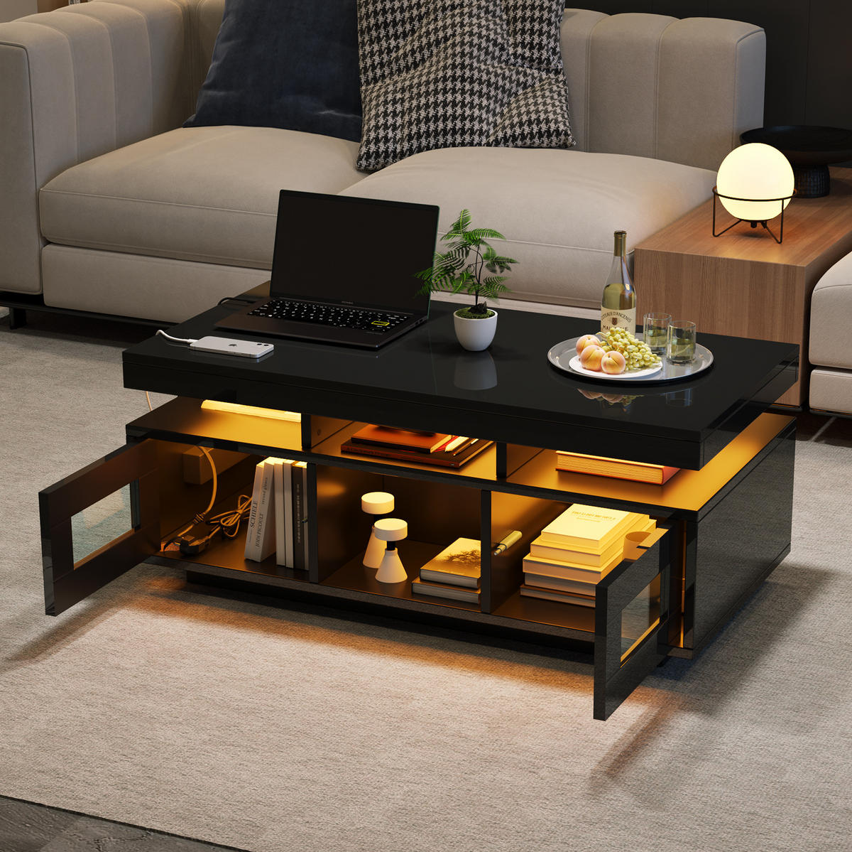 COUCHTISCH 100/50/43 cm Schwarz aus Spanplatte mit LED und Steckdose - Schwarz, Holzwerkstoff (100/50/43cm) - OKMYHOME