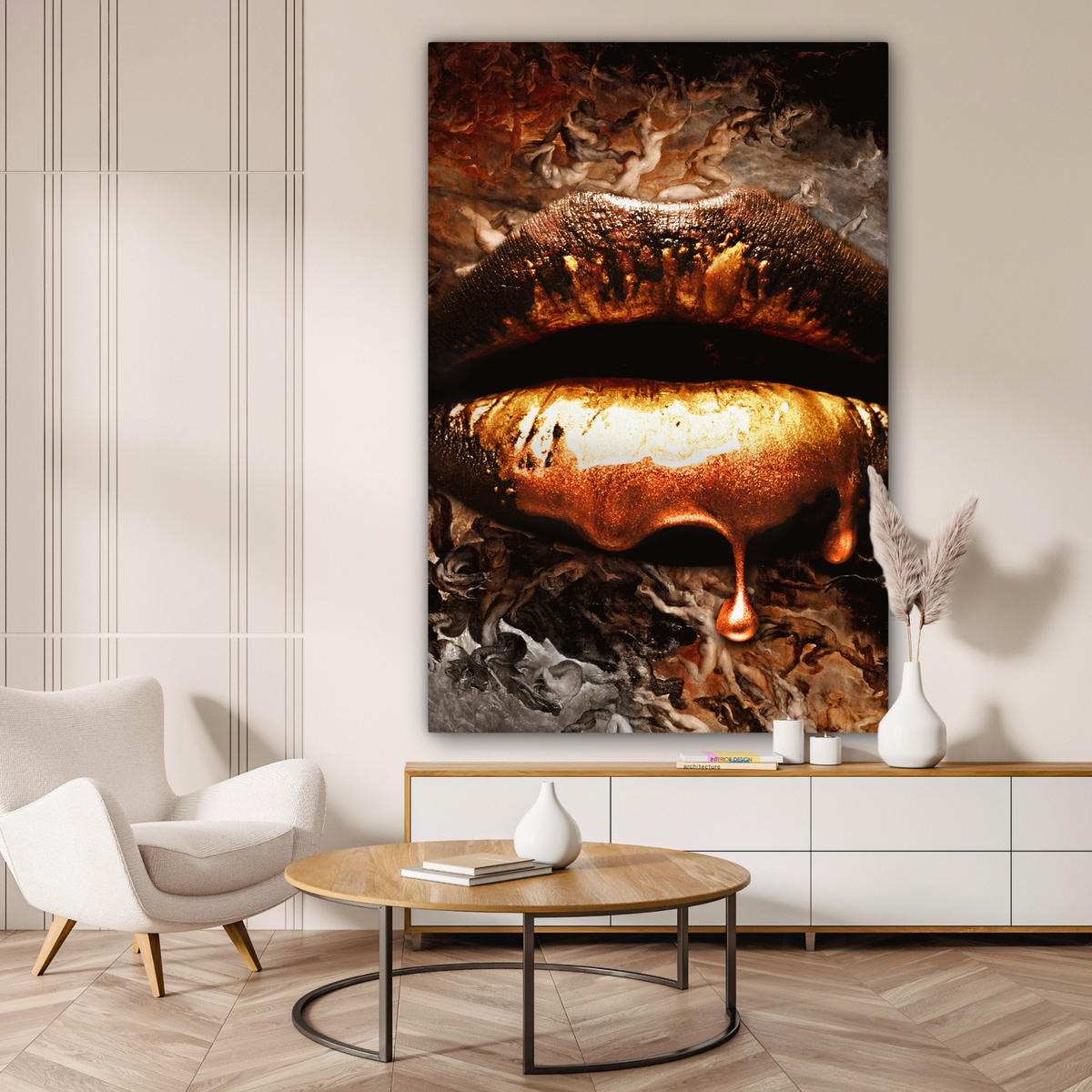 OBRAZ NA PLÁTNĚ Zlato - Rty - Umění - Zlato - Luxus - Abstraktní 90x140 cm - měděná, textil (90/140cm) - MuchoWow