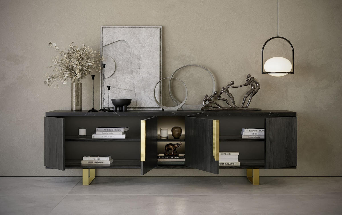 WOHNWAND ORION in Rosenholzoptik mit Marmoroptik 3-tlg. - Goldfarben/Schwarz, Holzwerkstoff/Metall (285/181/49cm) - Interdesign24