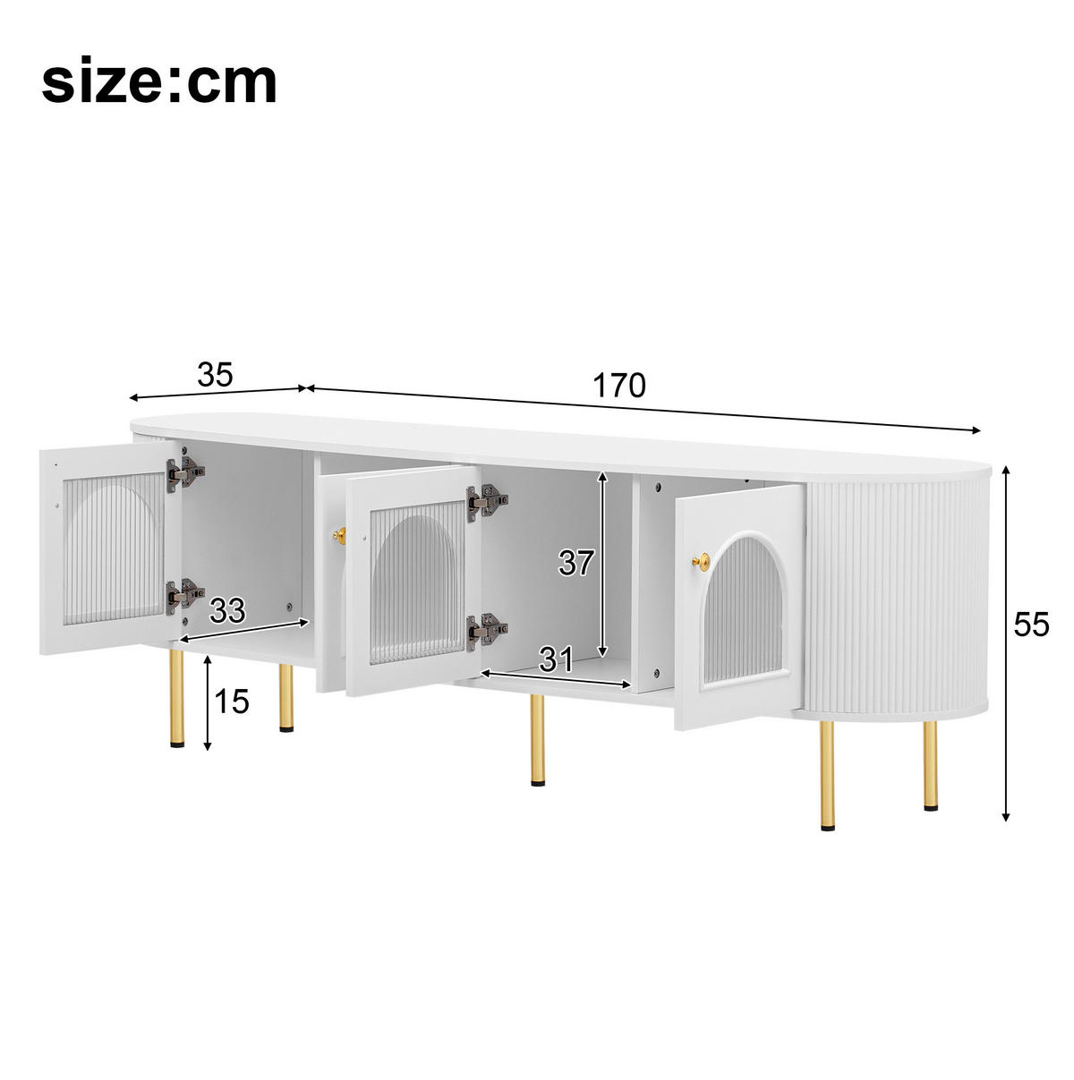 TV-LOWBOARD aus MDF 170x35x55 cm Weiß/Gold mit 4 Glastüren und Kabelführung - Weiß, Holzwerkstoff (170/55/35cm) - IVMEU