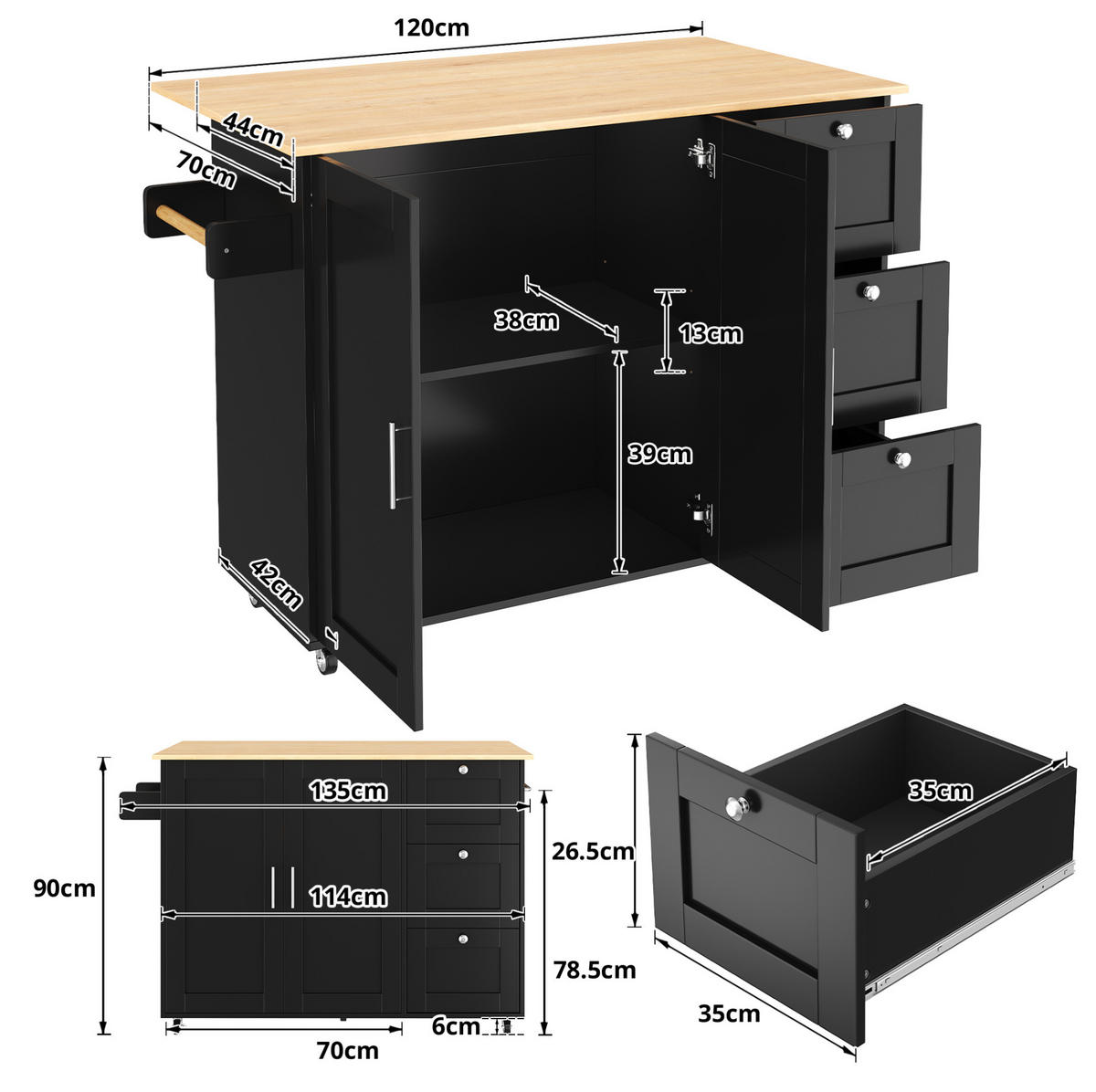 KÜCHENINSEL 135/44(70)/90 cm aus MDF mit klappbarer Arbeitsplatte, 3 Schubladen und Rollen, Schwarz/Natur - Schwarz, Holzwerkstoff (135/90/44cm) - Redom