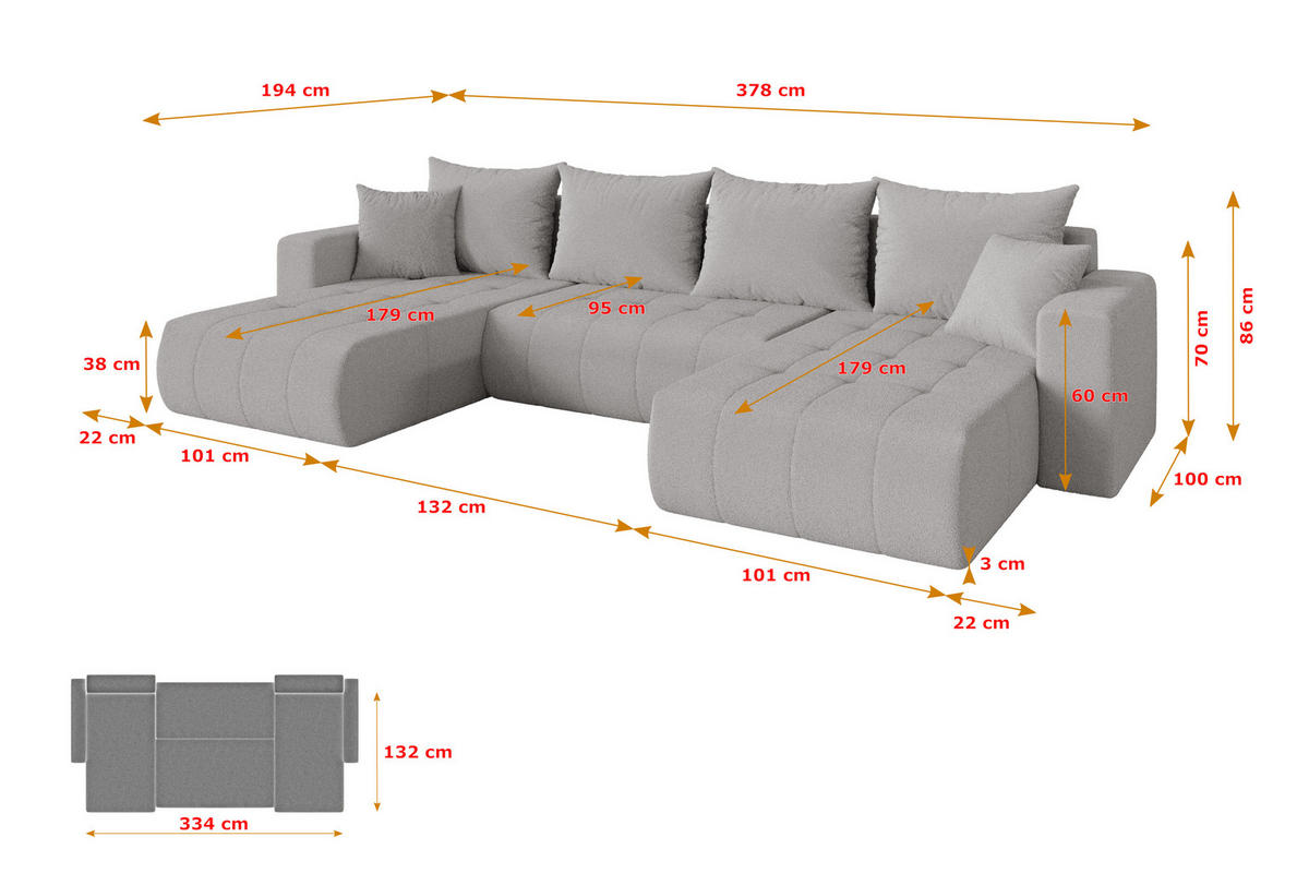 SEDACÍ SOUPRAVA DO U s funkcí spaní a úložným prostorem MILA-U 378x194x86 světle šedá bouclé - černá/stříbrná, kompozitní dřevo/textil (378/86/194cm) - ALTDECOR