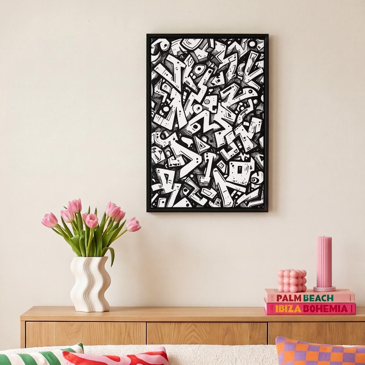 LEINWAND Bilder mit Rahmen - Formen - Buchstaben - Graffiti - Schwarz - 20x30 - Schwarz, Textil (20/30cm) - MuchoWow