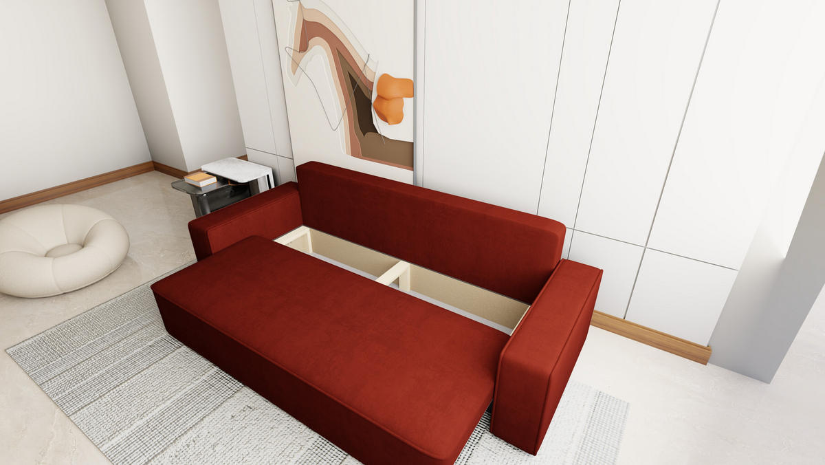 SOFA Veno mit Bettkasten und Schlaffunktion, Velourstoff - Weinrot, Holzwerkstoff (242/85/95cm)