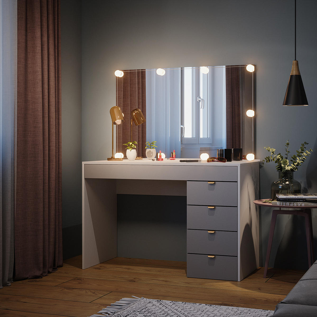 SCHMINKTISCH Elise Weiß/Grau/Grau 115 cm mit LED Beleuchtung - Weiß/Grau, Holzwerkstoff (115/76/55cm) - Vicco
