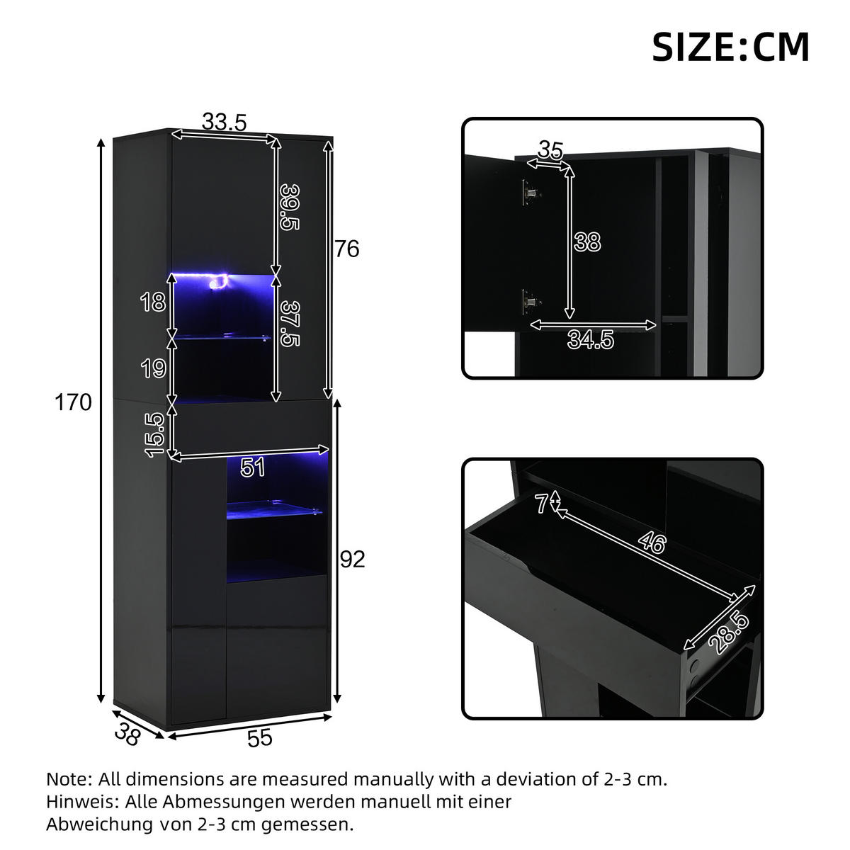 VITRINE aus Spanplatte 55x38x170 cm Schwarz mit LED-Beleuchtung, Hochglanzfront und verstellbaren Einlegeböden - Schwarz, Holzwerkstoff (55/170/38cm) - Modfu