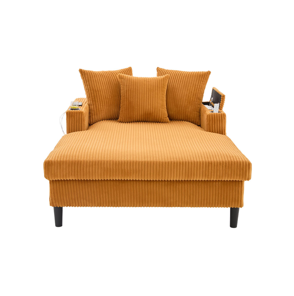 CHAISELONGUE 129/170/70 cm aus Cord mit LED-Beleuchtung, USB-Anschluss, Stauraum und Becherhaltern, Senfgelb - Gelb, Textil (170/70/129cm) - Redom
