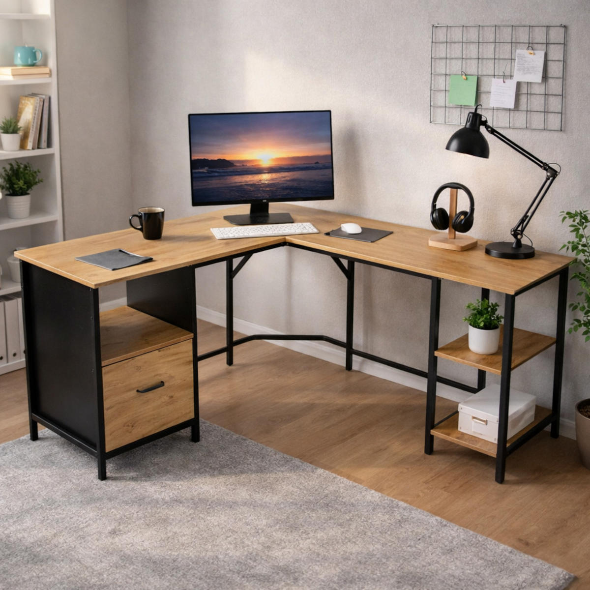 ECKSCHREIBTISCH Holzoptik Eichefarben Metall Schwarz L-Form Büro 149x149x75 cm - Eichefarben/Schwarz, Holzwerkstoff/Metall (149/149/75cm) - Begryf