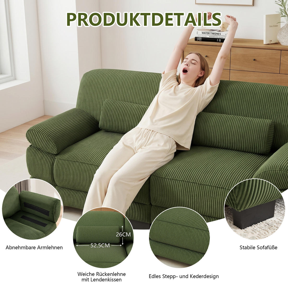 ECKSOFA L-Form 3-Sitzer mit Hocker, DE-42659, Grün - Grün, Holz (265/161cm) - ComfortXL