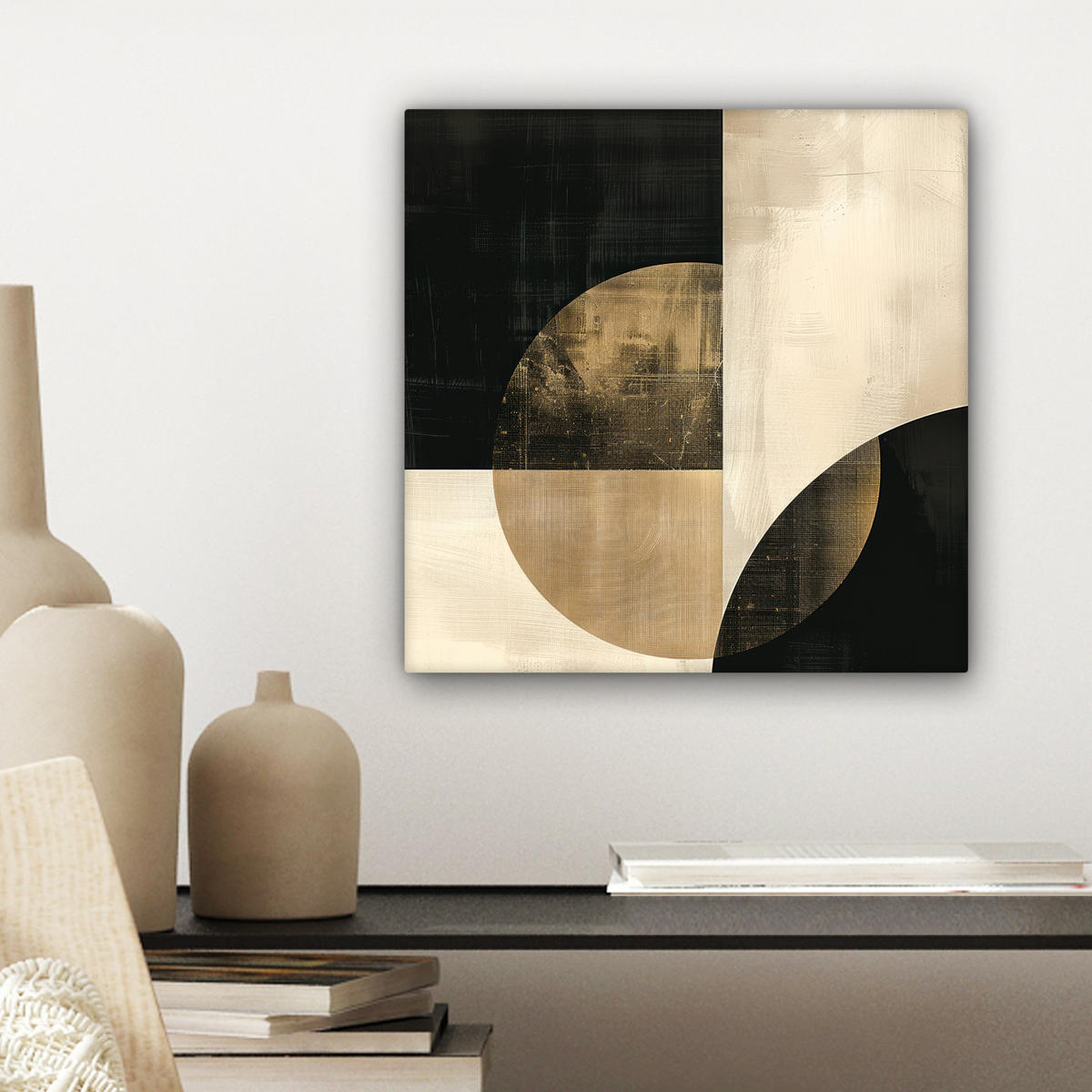 LEINWANDBILD Abstrakt - Geometrische Formen - Schwarz - Gold Deko Wohnzimmer 20x20 cm - Ecru, Textil (20/20cm) - MuchoWow