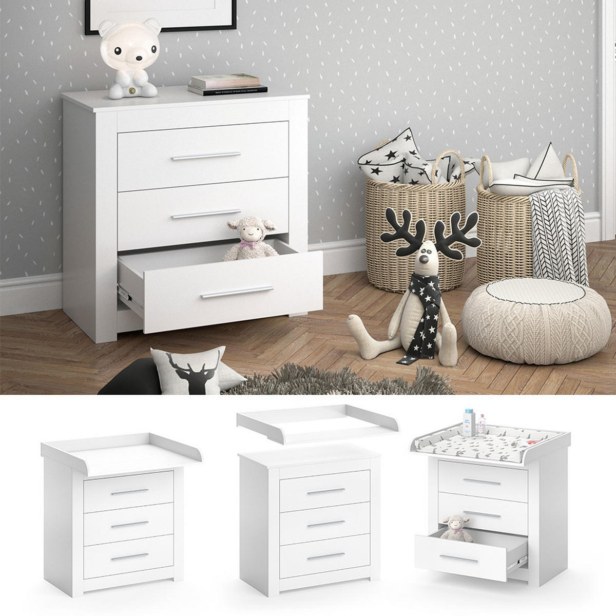 WICKELKOMMODE Miro Weiß 86.6 x 86.5 cm - Silberfarben/Weiß, Holzwerkstoff (86.6/86.5/48.5cm) - Vicco