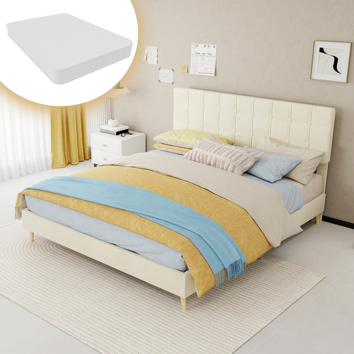 POLSTERBETT 160/200 cm mit karierter Kopfteilpolsterung und Holzfüßen, Beige - Beige, Textil (160/200cm) - Redom