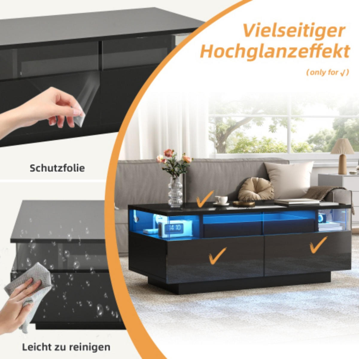 COUCHTISCH 90/45/35,5 cm Schwarz aus Holzwerkstoff mit abnehmbarem Tablett und LED-Licht - Schwarz, Holzwerkstoff (90/45/35.5cm) - OKWISH