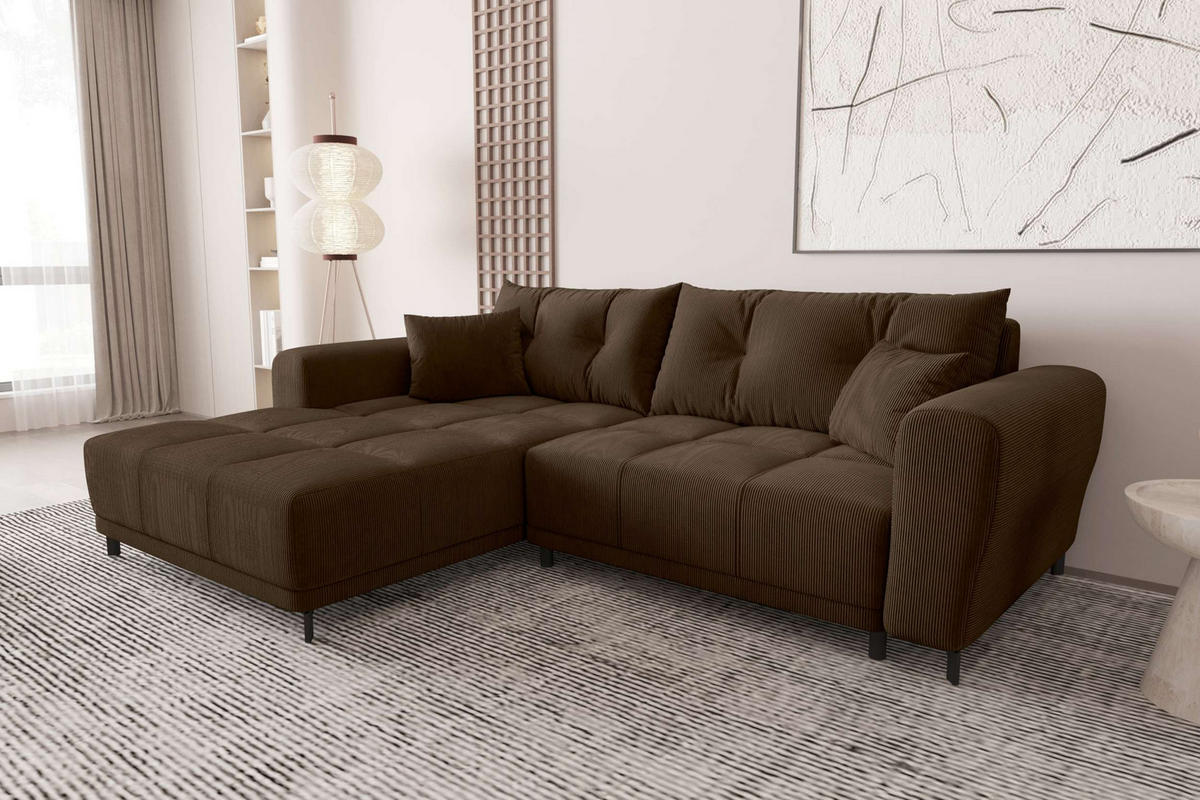 ECKSOFA Massimo Cordstoff Braun inkl. Schlaffunktion Links - Schwarz/Braun, Textil/Metall (246/177cm) - 99rooms