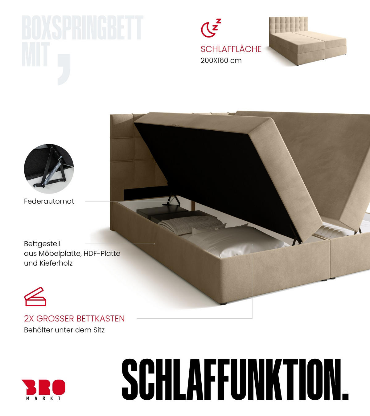 BOXBETT Detroit mit Topper 160/200 Beige - Beige, Holzwerkstoff/Textil (160/200cm) - Bromarkt