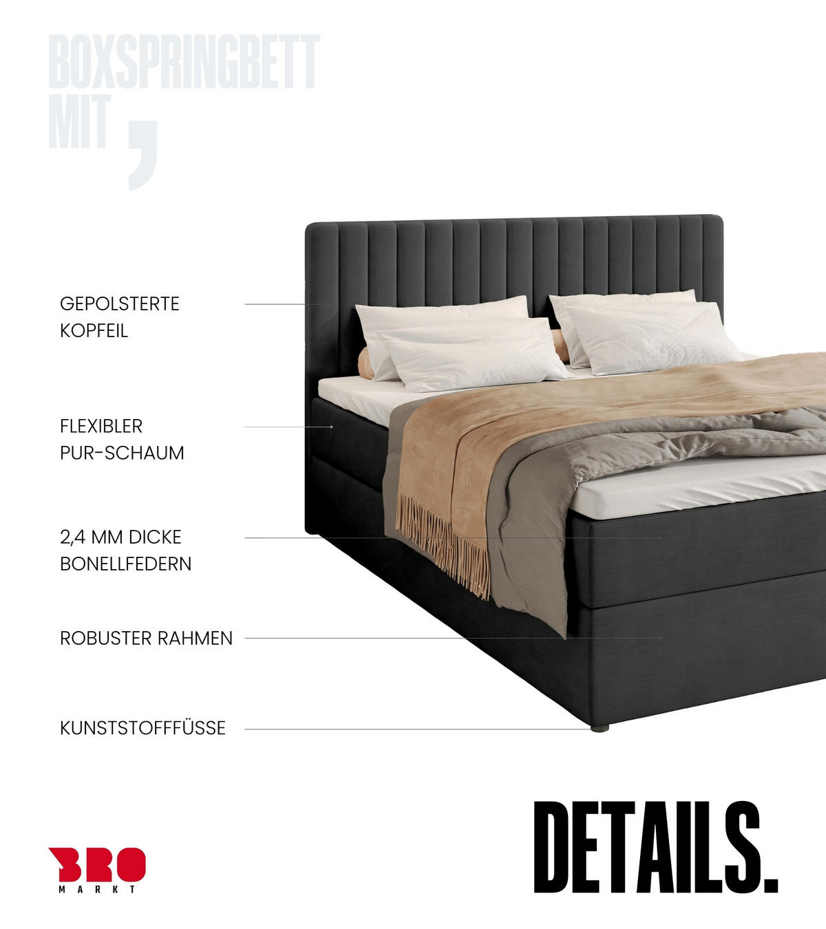BOXBETT Dream mit Topper 180/200 Anthrazit - Anthrazit, Holzwerkstoff/Textil (180/200cm) - Bromarkt
