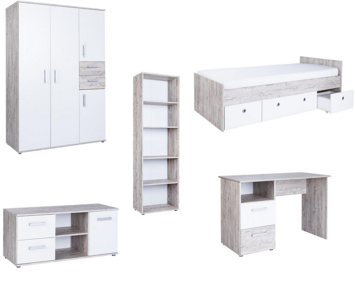 JUGENDZIMMER Mega-Set Bente 5-tlg. - Eichefarben/Silberfarben, Holzwerkstoff/Kunststoff (1/1/1cm) - arthur berndt