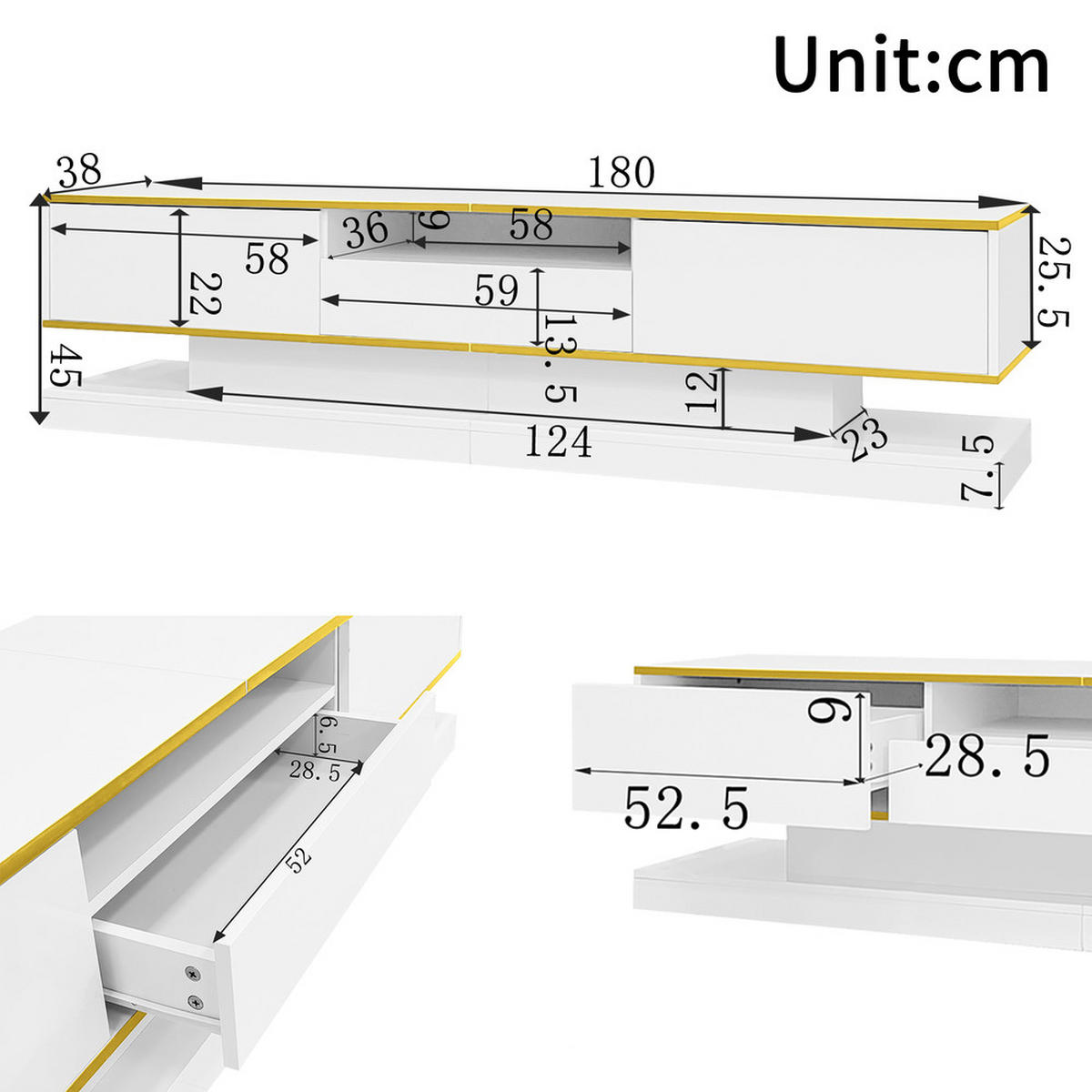 TV-SCHRANK 180x38cm Modern Hochglanz 3 Schubladen 1 Fach LED Farbwechsel - Weiß, Holz (44.45/20.96/78.74cm) - FLIEKS