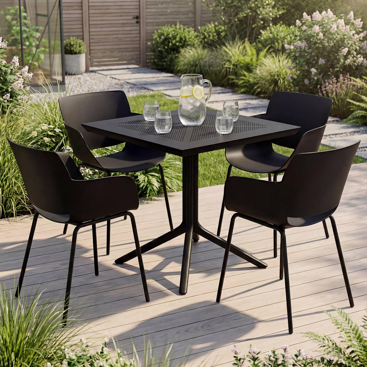 GARTENMÖBEL-SET Hanna 4 Stühle 196x80x80cm Kunststoff Schwarz Balkonset - Schwarz, Kunststoff - DELUKE