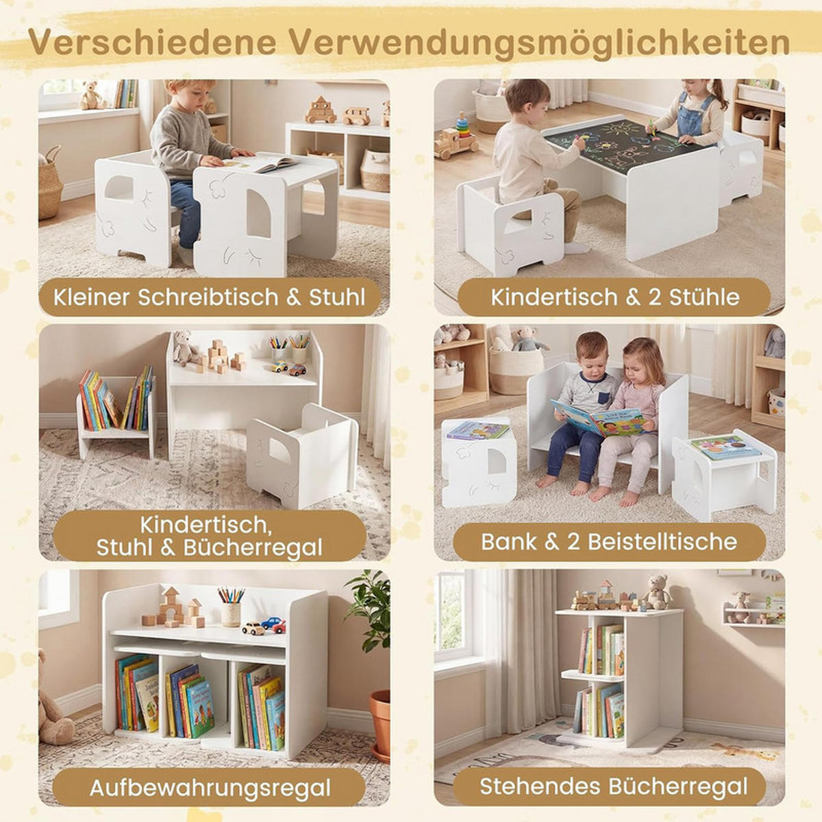 KINDERTISCH mit Stuhl weiß(3-tlg) - Weiß, Holzwerkstoff (62.5/40/48cm) - COSTWAY