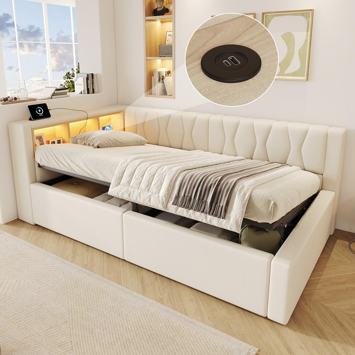 TAGESBETT 90x200cm Schlafsofa Hydraulik LED USB Beige - Beige, Naturmaterialien (90/200cm) - FLIEKS