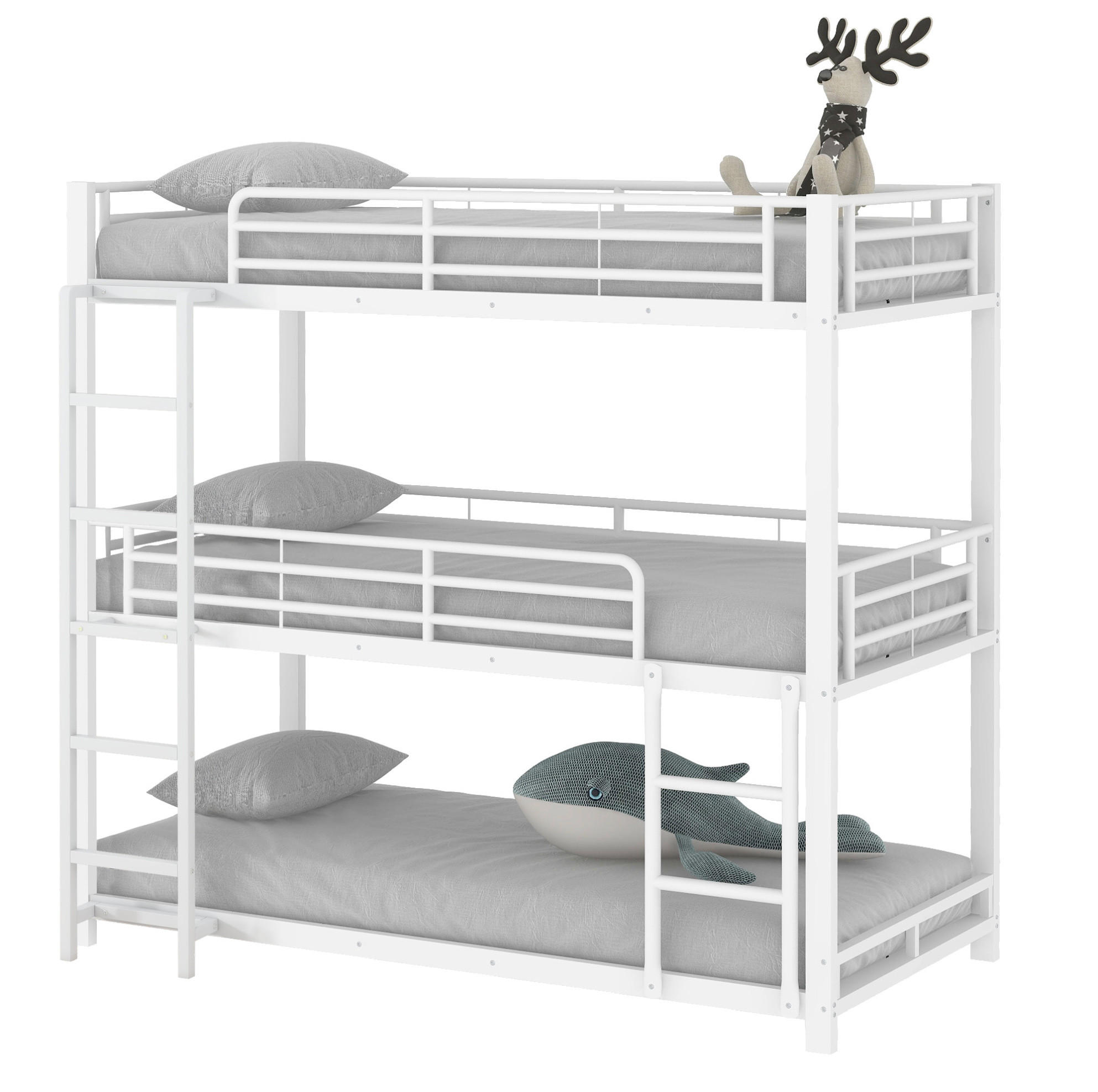 ETAGENBETT 90/200 cm aus Metall in Weiß, Dreifach-Design mit Leiter - Weiß, Metall (90/200cm) - Flora Grace