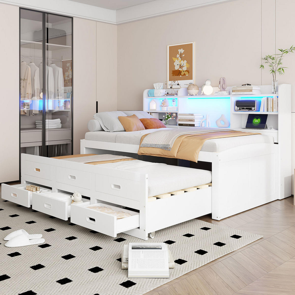 POLSTERBETT aus Spanplatte und MDF 90x200 cm in Weiß mit LED & USB-Typ-C - Weiß, Holzwerkstoff (90/200cm) - Modfu