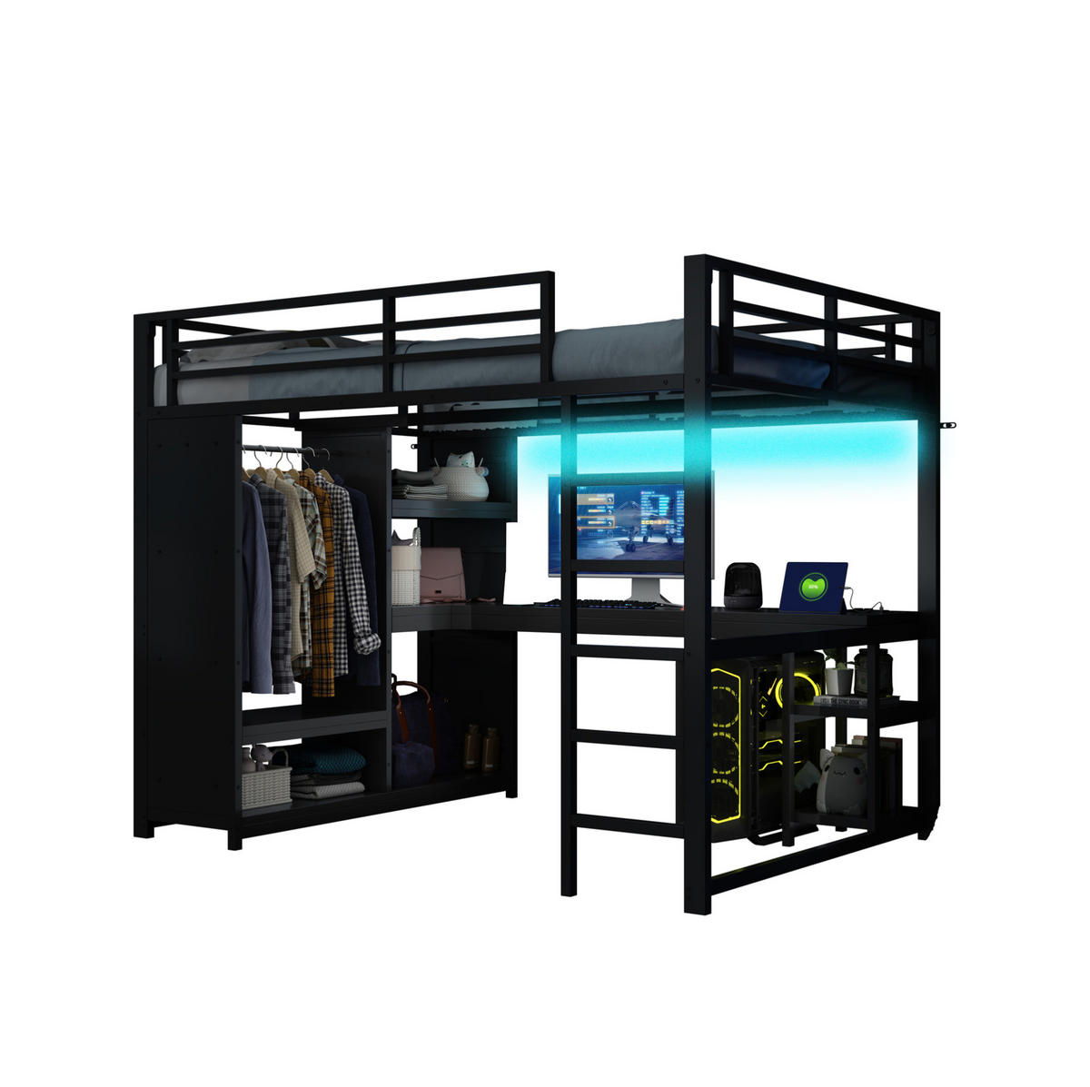 HOCHBETT aus Metall und MDF 140x200 cm Schwarz mit Schreibtisch, LED-Beleuchtung und offenem Kleiderschrank - Schwarz, Metall (140/200cm) - IVMEU