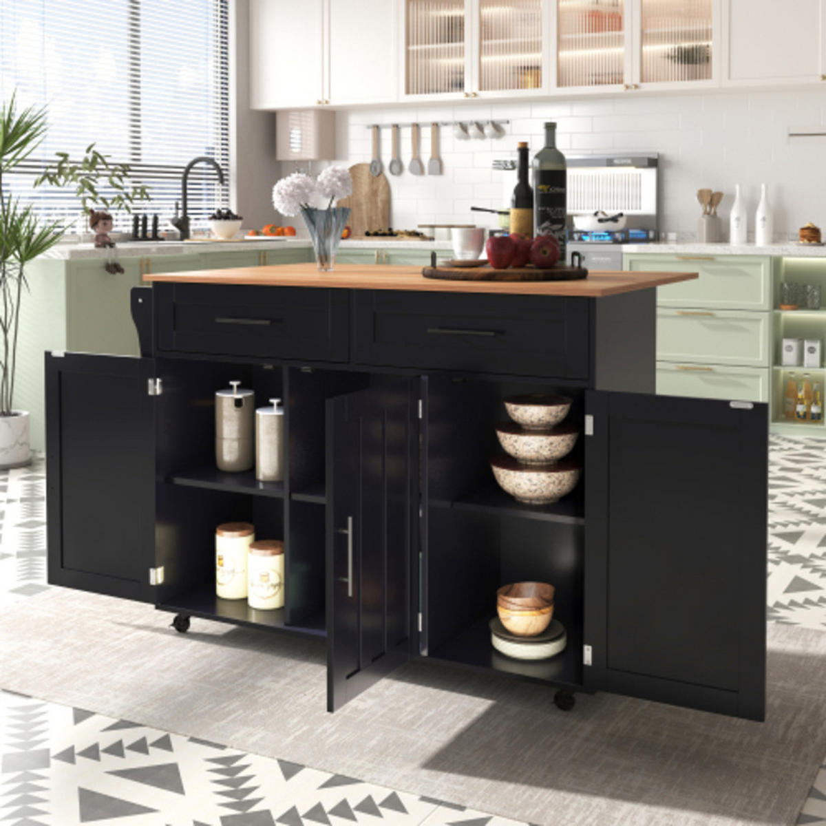 KÜCHENINSEL Schwarz-Natur aus MDF mit klappbarer Erweiterungsplatte, austauschbaren Füßen 129 × 71 × 91,5 cm - Schwarz, Holzwerkstoff (129/91.5/71cm) - Luhomfu