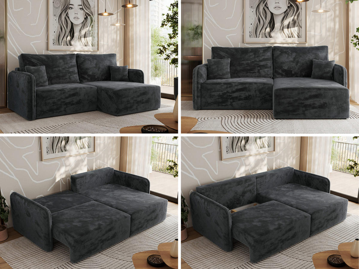 ECKSCHLAFSOFA MESTO L Dunkelgrau Plüsch - rechts - Dunkelgrau/Schwarz, Kunststoff/Textil (147/227cm) - MKS