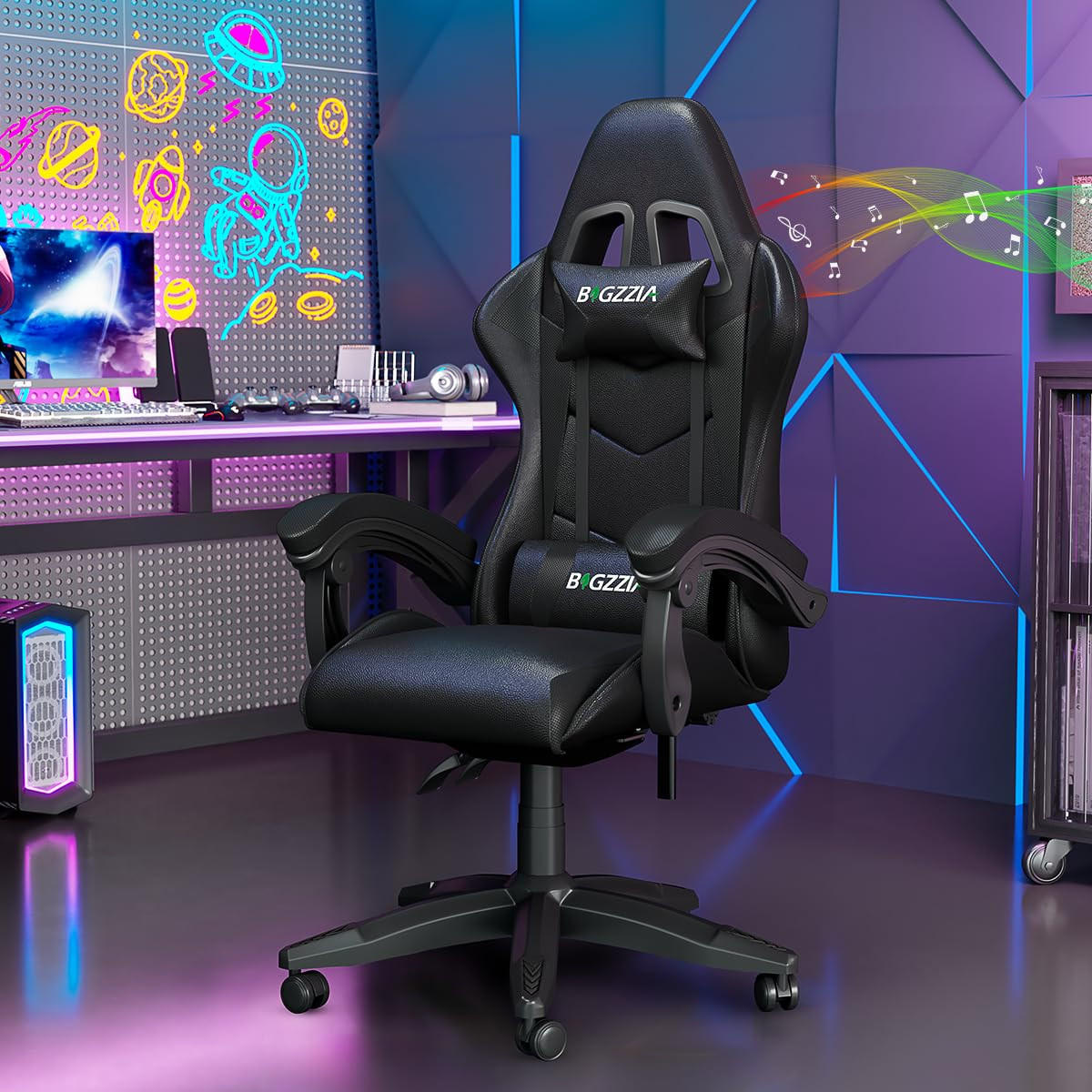 GAMINGSTUHL Schwarz mit Bluetooth Lautsprechern ergonomisch höhenverstellbar - Schwarz, Metall (66/124/58cm) - Rattrix