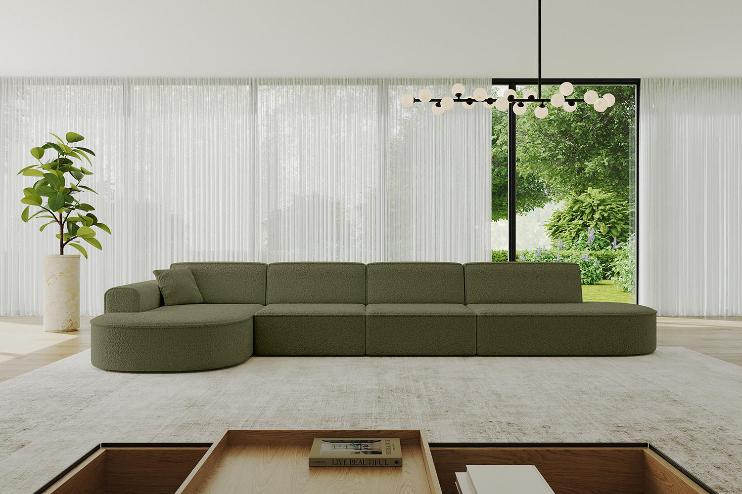 ECKSOFA Ottomane Links MARI-L3 - 402x163x73,5 cm Grün Bouclé - Schwarz/Grün, Holzwerkstoff/Kunststoff (165/406cm) - ALTDECOR
