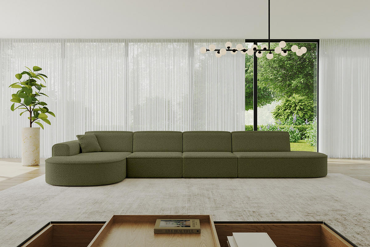 ECKSOFA Ottomane Links MARI-L3 - 402x163x73,5 cm Grün Bouclé - Schwarz/Grün, Holzwerkstoff/Kunststoff (165/406cm) - ALTDECOR