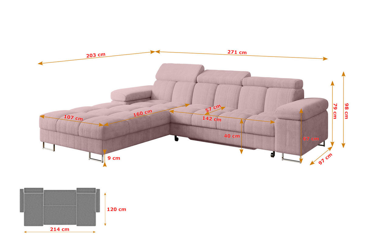 ECKSOFA mit Schlaffunktion Ottomane Links 271x203x79 Rosa Cord - Rosa, Holzwerkstoff/Textil (271/203cm) - ALTDECOR