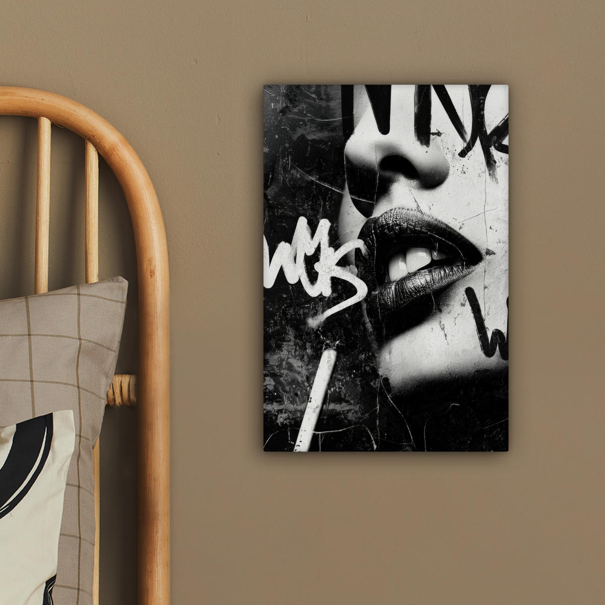 LEINWANDBILD Gesicht - Mund - Graffiti - Schwarz Deko Wohnzimmer 20x30 cm - Schwarz, Textil (20/30cm) - MuchoWow