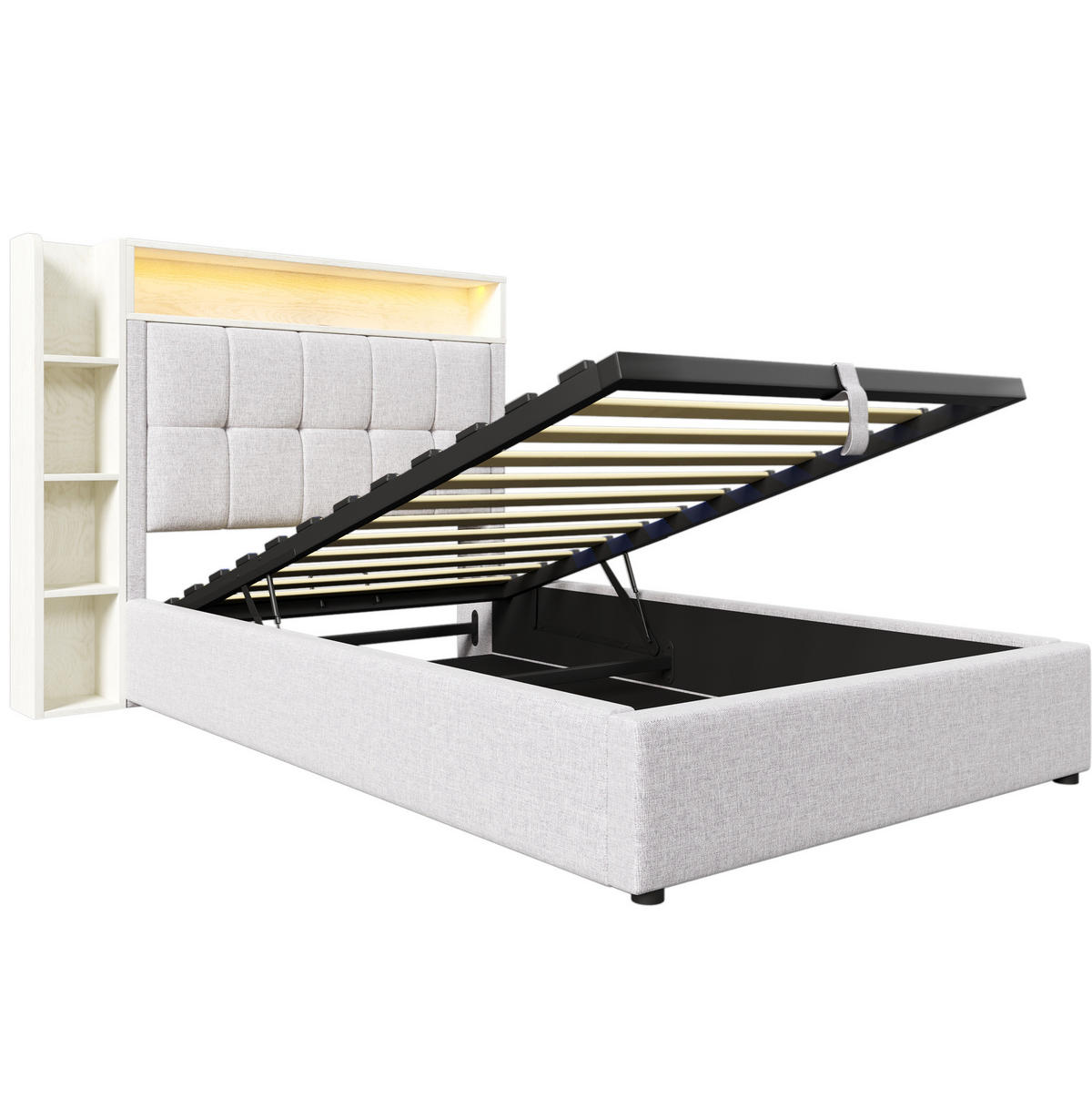 POLSTERBETT 90/200 cm Beige mit Stauraum, LED-Beleuchtung und USB- und Type-C-Anschlüssen - Beige, Textil (90/200cm) - Flora Grace