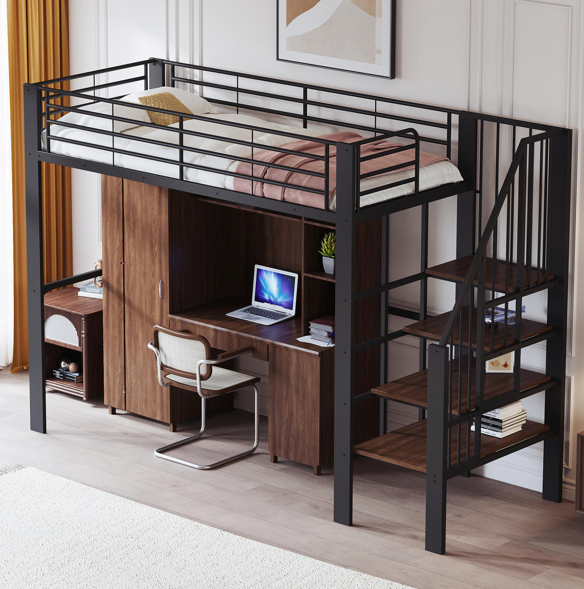 HOCHBETT aus Metall und Holz 90x200 cm Schwarz mit Treppe und Stauraum unter dem Bett - Schwarz, Metall (90/200cm) - Modfu