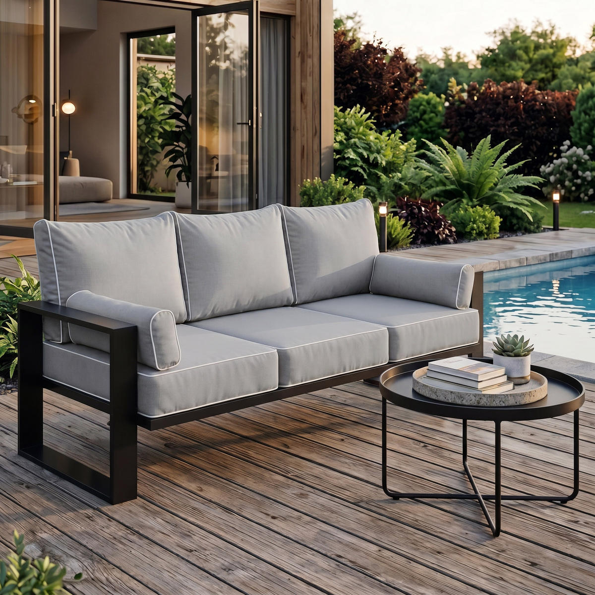 LOUNGESOFA 3-Sitzer Verdino mit Metallrahmen 215 cm Hellgrau - Beige, Metall (215/90/87cm) - Beautysofa